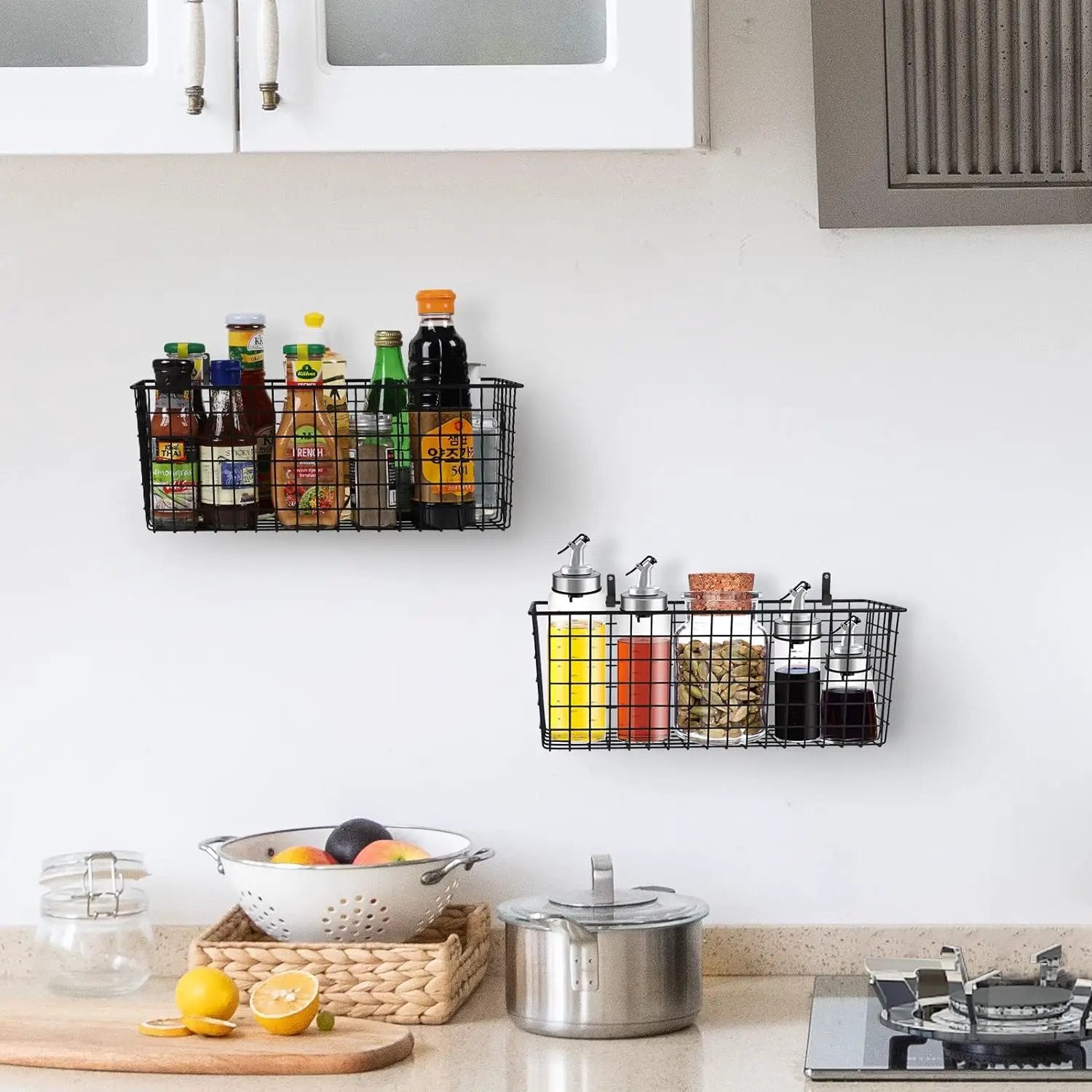 2 Sets Extra Large Hanging Wall Basket, Black Metal Wire Baskets with Steel Hooks for Organizing, WallmountedFruit Vegetable Toy Snack Storage, Home Kitchen Bathroom Laundry Pantry Organizer by GreenHaven Gardens