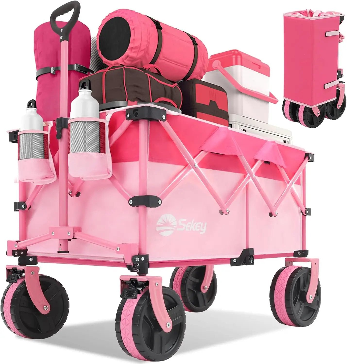 Sekey 220L Collapsible Foldable Wagon with 330lbs Weight Capacity, Heavy Duty Folding Utility Garden Cart with Big All-Terrain Beach Wheels & Drink Holders.Pink by GreenHaven Gardens