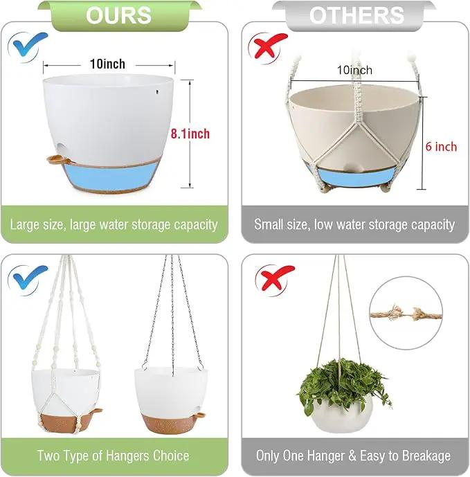Self Watering Hanging Planters 10 inch, 2 Pack Hanging Baskets for Indoor Outdoor Plants, Hanging Flower Pots with Drainage Holes & 2 Kinds of Plant Hangers for Garden Home Décor, White Brown by GreenHaven Gardens