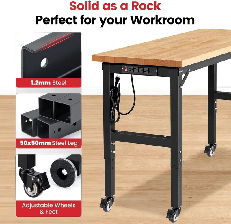 Work Bench with Wheels 48 x 20 Inch Heavy Duty Rubberwood Tabletop Garage Workbench Adjustable Height Work Table with Pegboard, Power Outlets for Woodworking Shop, Home, Office by GreenHaven Gardens