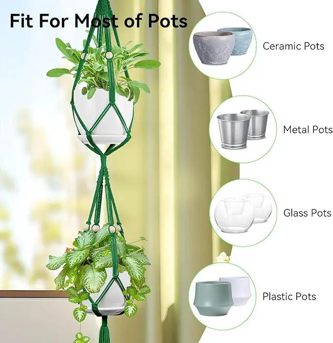 USLAI Macrame Plant Hanger Indoor Outdoor, Up to 4-15 inch Pot, Heavy 20lb Planters, Extra Long Strong Hanging Planter Basket Holder, Boho Home Decor, 49+72 Inch, Green (POTS NOT Included) by GreenHaven Gardens