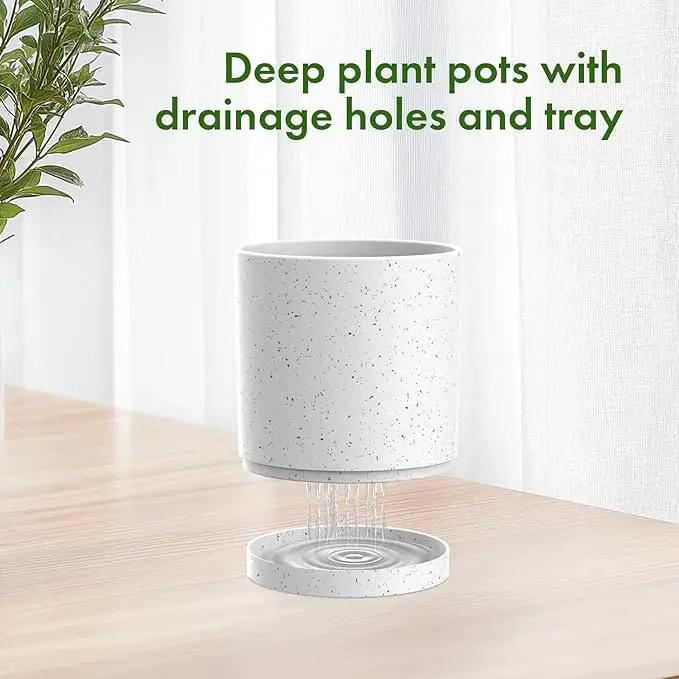 8/7/6 inch Flower Pots, 3 Set Cylindrical Plant Pots for Outdoor Indoor Plants, Decorative Plastic Planters with Drainage Holes and Saucers for Garden House Plants, White with Black Speckles by GreenHaven Gardens