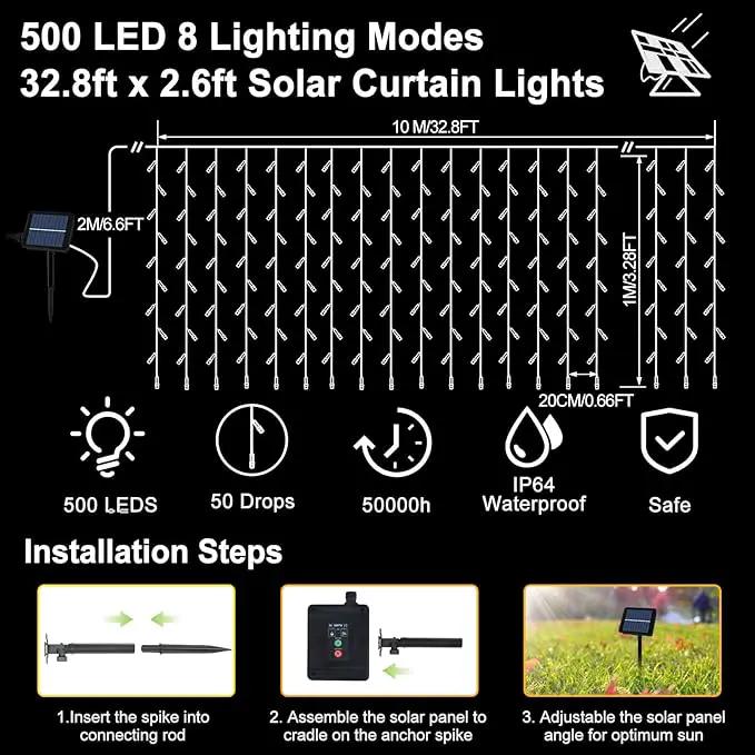 echosari Solar Powered Curtain Lights 33ftx 3ft 500 LED Outdoor Curtain Lights Waterproof with Timer 8 Modes for Christmas Garden Patio Fence Wedding Wall Window Gazebo Decor - Cool White by GreenHaven Gardens