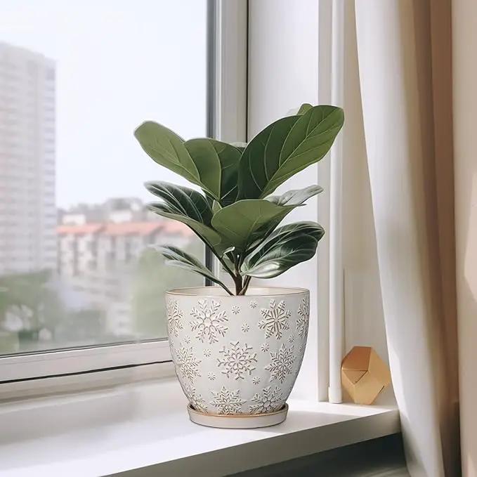 Ceramic Planter 8 Inch Plant Pot with Drainage Hole and Saucer Ceramic Pots for Indoor Plants Outdoor Large Flower Pot for Home Decor White by GreenHaven Gardens