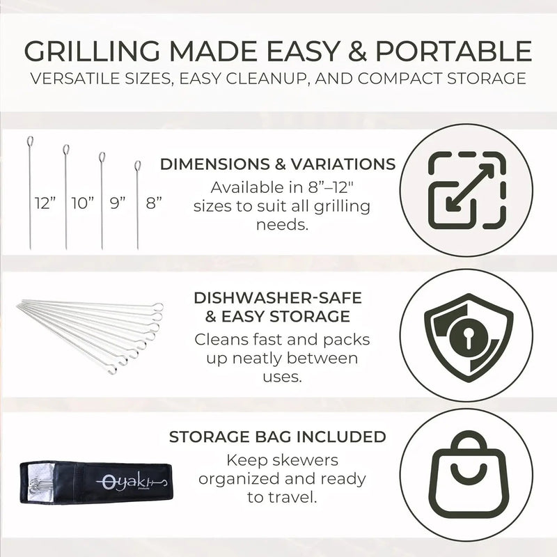 O-Yaki Flat Metal Kabob Skewer for Grilling – Set of 8 BBQ Skewers Stainless Steel with Storage Bag, Dishwasher Safe Skewers with Hook Handle & Sharp Tip for BBQ, Cookouts & Oven Use – 12 Inch by GreenHaven Gardens