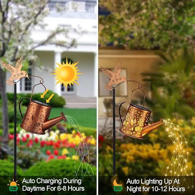 Outdoor Hanging Solar Lantern Waterproof Set Outside Metal Sprinkler Openwork Hummingbird Landscape Lights for Garden Yard Patio Pathway Decor Birthday Gifts for Women Mom Grandma -with Floor Pole by GreenHaven Gardens