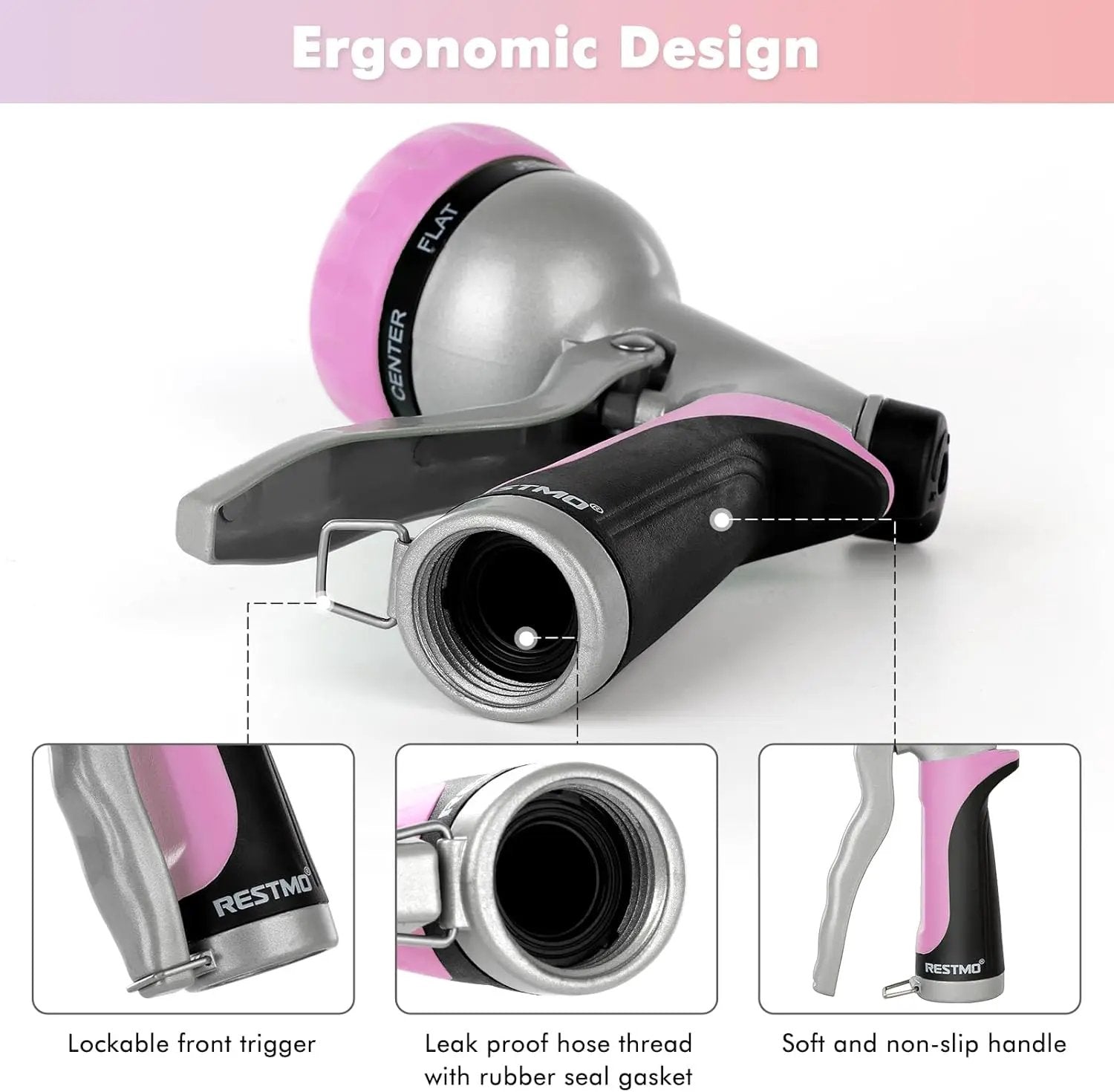 RESTMO Garden Hose Nozzle, Heavy Duty Metal Water Hose Nozzle with 7 Adjustable Spray Patterns, High Pressure Hand Sprayer with Flow Control, Best for Watering Plant & Lawn, Washing Car & Pet, Pink by GreenHaven Gardens