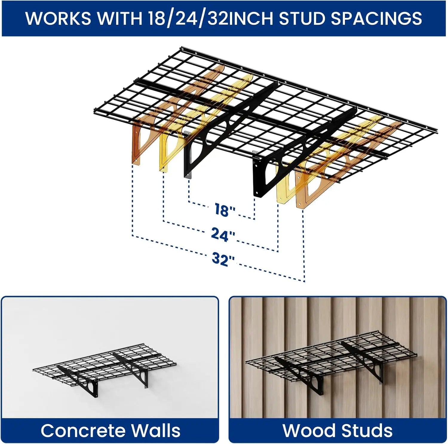 FLEXIMOUNTS 2-Pack 2x4ft Garage Shelving with Hooks, 24-inch-by-48-inch Wall Shelf Garage Storage Racks Floating Shelves, Black by GreenHaven Gardens
