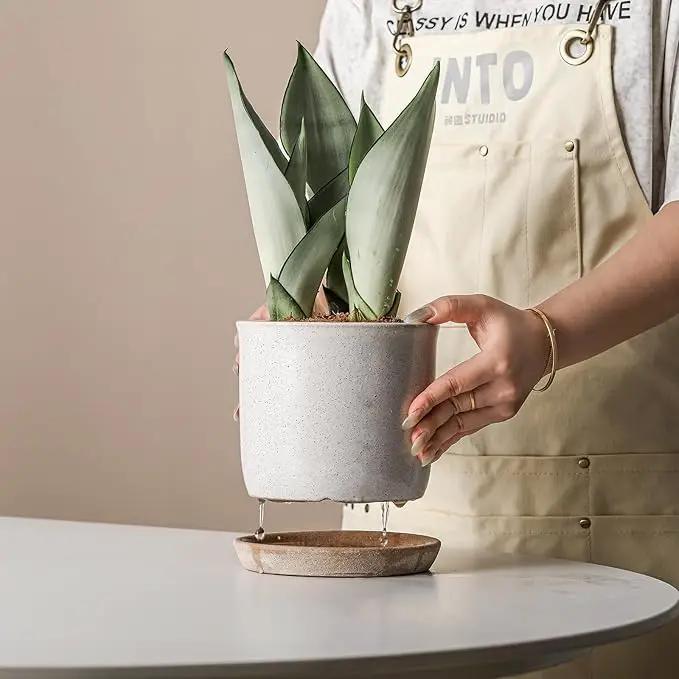 5.8 Inch Plant Pot: Ceramic Planter with Drainage Hole & Saucer - Cylinder Round Flowerpot for Indoor & Outdoor Plants - with Separate Tray for Home & Office - Retro Style, Grey by GreenHaven Gardens