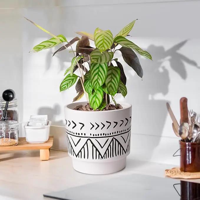 Boho 6 Inch Ceramic Plant pots, Geometric Ceramic Embossed Flower Pots Indoor with Drainage Holes, 2 Set Minimalistic Planters for Indoor and Outdoor Plants(Beige&Black) by GreenHaven Gardens
