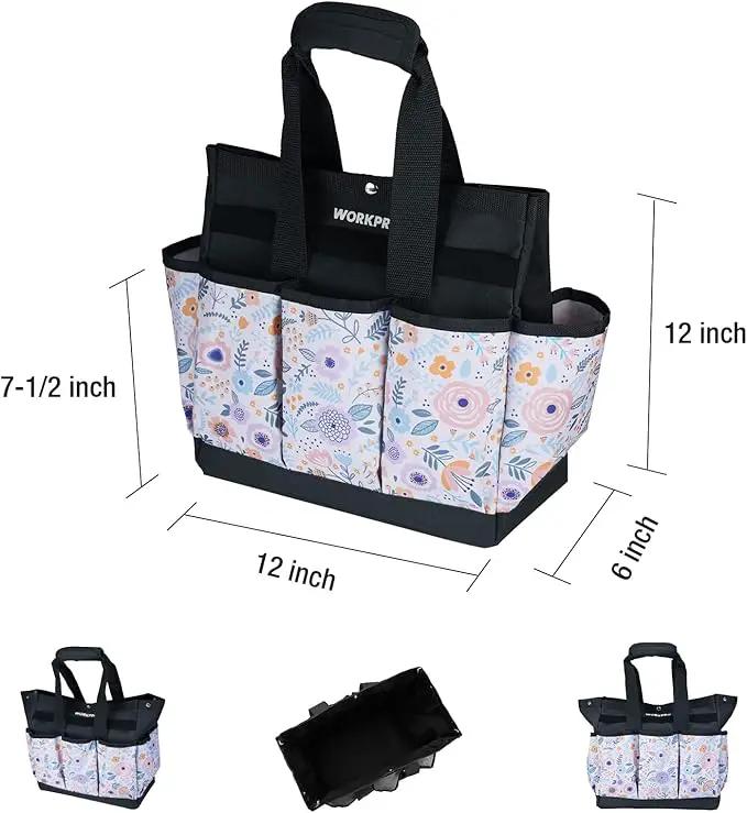 WORKPRO Garden Tool Bag, 9 Pockets Gardening Bag, Heavy Duty Oxford Garden Tote Caddy (Tools NOT Included), 12" x 12" x 6" (Floral White) by GreenHaven Gardens