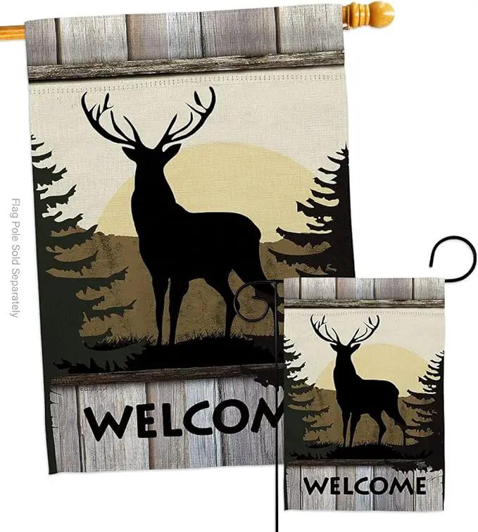 Welcome Deer Garden House Flags Set Animals Wildlife Outdoor Bear Wolf Pet Nature Farm Animal Creature Small Decorative Gift Yard Banner Double-Sided Made In USA 28 X 40 by GreenHaven Gardens