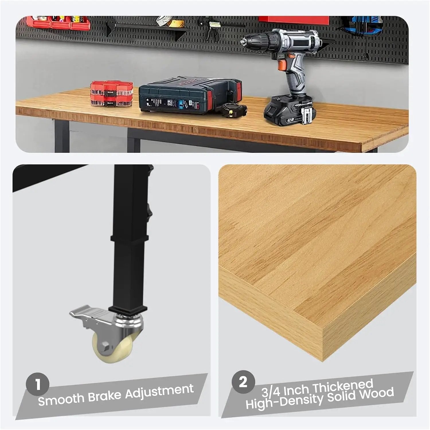 48" Adjustable Workbench,Heavy-Duty Work Table,3000 LBS Load Capacity Hardwood Workstation with Wheels,for Workshop, Garage by GreenHaven Gardens