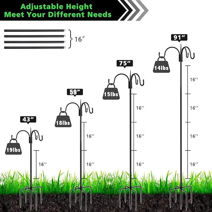 FEED GARDEN [Upgrade Version 92 Inch Three Shepherd Hooks for Outdoor,Bird Feeder Pole with 5 Prong Base, Adjustable Shepard Hooks for Hanging Plant, Solar Lanterns, Wind Chimes, 2 Pack by GreenHaven Gardens
