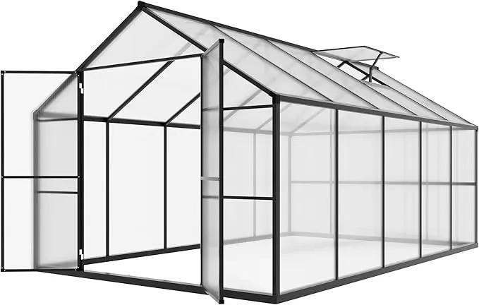 8x10 FT Outdoor Greenhouse Kit, Polycarbonate Aluminum Walk-in Greenhouse with Adjustable Roof Vent and Lockable Door, Backyard Garden in Winter, Gray by GreenHaven Gardens