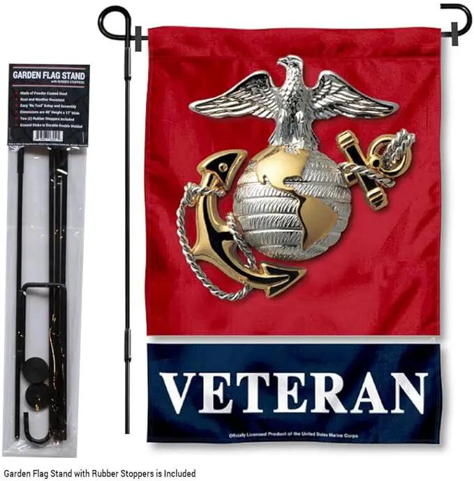 WinCraft Marines Veteran Garden Flag with Stand Holder by GreenHaven Gardens
