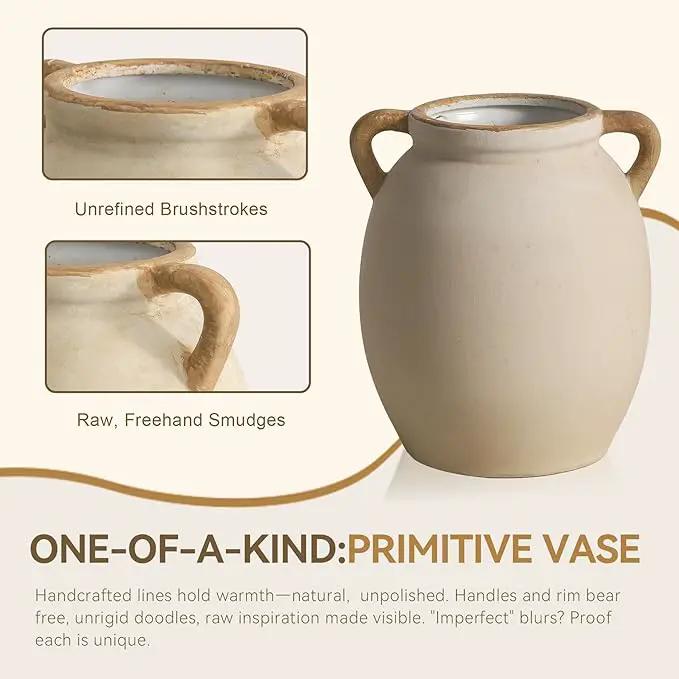 Ceramic Flower Vase 7.6 inch Farmhouse Rustic Vase Decorative Pottery Terracotta Vases for Home Decor Table Mantle Fireplace Living Room Bathroom Wedding Centerpiece by GreenHaven Gardens