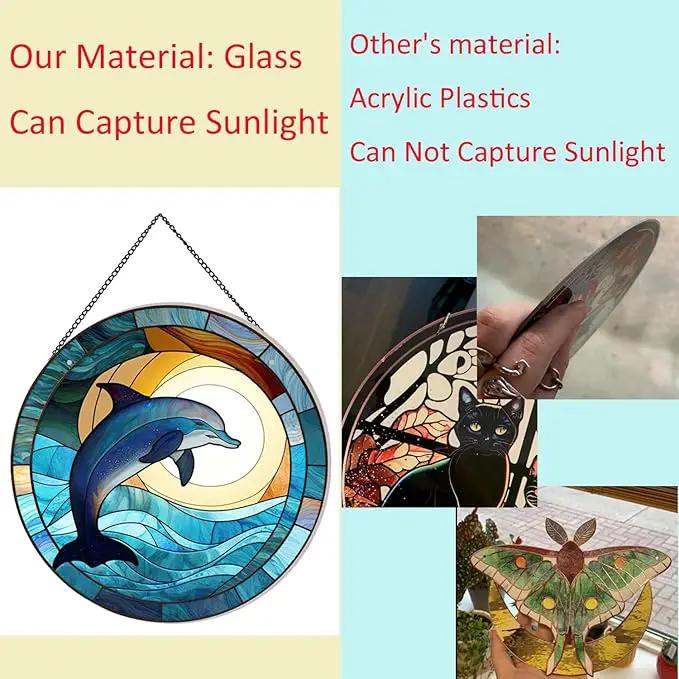 Dolphin Pattern Suncatcher Stained Glass,Hanging Stained Glass for Windows,20cm/7.87inch Hand-Painted Sun Catcher Garden Hangings Painted Glass Panel Decor Themed Gift by GreenHaven Gardens