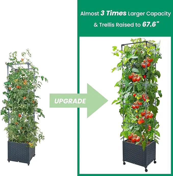 GREEN MOUNT Raised Garden Bed Planter Box with Trellis for Climbing Vegetables Plants, 67.6" Outdoor Tomatoes Planters Tomato Cage w/Wheels by GreenHaven Gardens