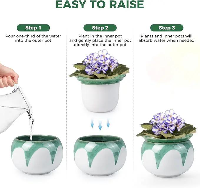 African Violet Pots, 6 inch Ceramic Easy Self Watering Plant Pot for Busy Plant Lovers, Automatically Absorb Appropriate Amount of Water, Flower Pot Indoor-Plants Not Included(Green) by GreenHaven Gardens