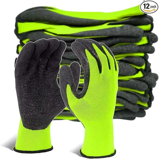 Evridwear Crinkle Latex Rubber Hand Coated Safety Work Gloves for Men Women General Multi Use Construction Warehouse Gardening Assembly Landscaping (9/L, Green- 12Pair) by GreenHaven Gardens