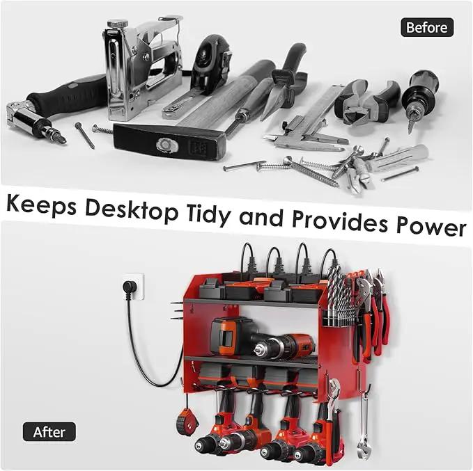 CCCEI Set Power Tool Organizer Wall Mount with Charging Station. Garage 8 Drills Storage Shelf with Hooks, Screwdriver, Drill Bit Heavy Duty Rack, Tool Battery Holder Built in 8 Outlet Power Strip. by GreenHaven Gardens