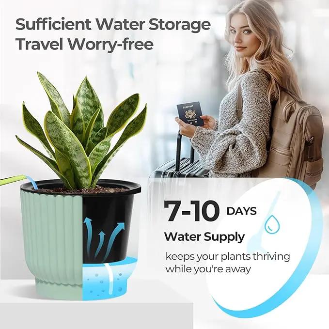 T4U 7 Inch Self Watering Pots for Indoor Plants, 4 Pack Green Plastic Flower Pots for All House Plants, Flowers, African Violets by GreenHaven Gardens