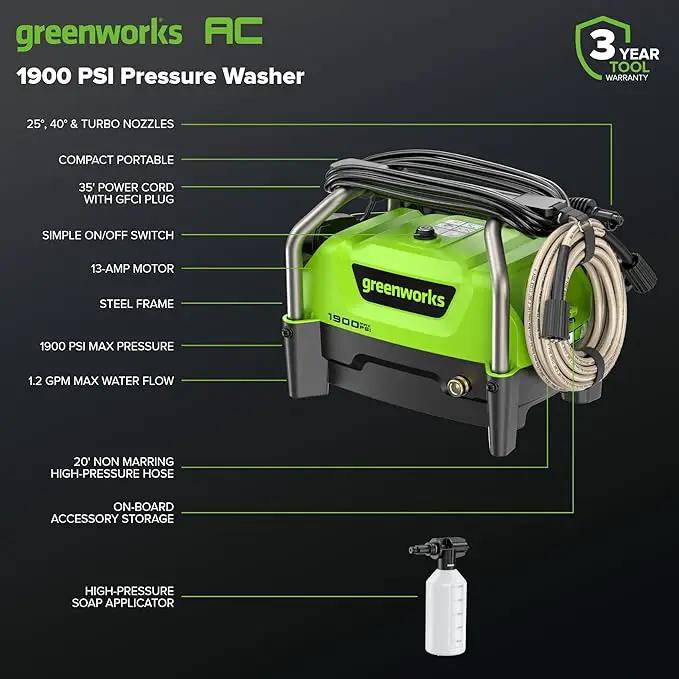 Greenworks 1900 PSI (SGS Certified) 1.2 GPM 13Amp Portable Compact Electric Pressure Washer, Power Washer for Cars, Driveways, Patios, Patio Furniture & Around Pools by GreenHaven Gardens