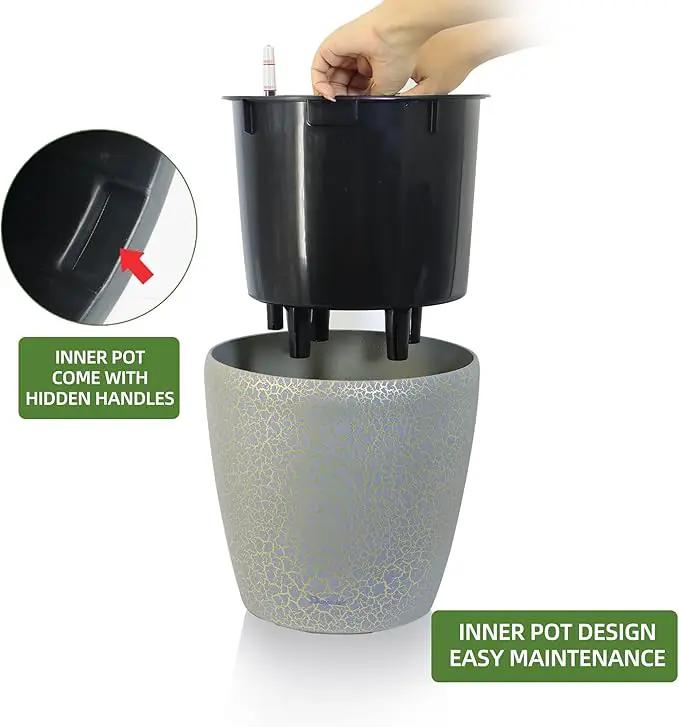 Dexceder 11x10 Inches Self Watering Planter Indoor Outdoor, Inner Pot Design, Thickened Table Flower Plant Pot with Water Level Indicator (Grey Gold Crackle) by GreenHaven Gardens