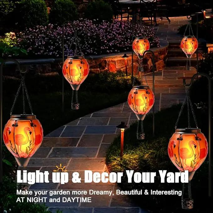 Hot Air Balloon Solar Lantern - Flamingo Bird Stained Glass Lantern with Simulated Flickering Flame, Outdoor Hanging Yard Light Waterproof IP65 & Weather Resistant for Patio Lawn Porch Decor Gfit by GreenHaven Gardens