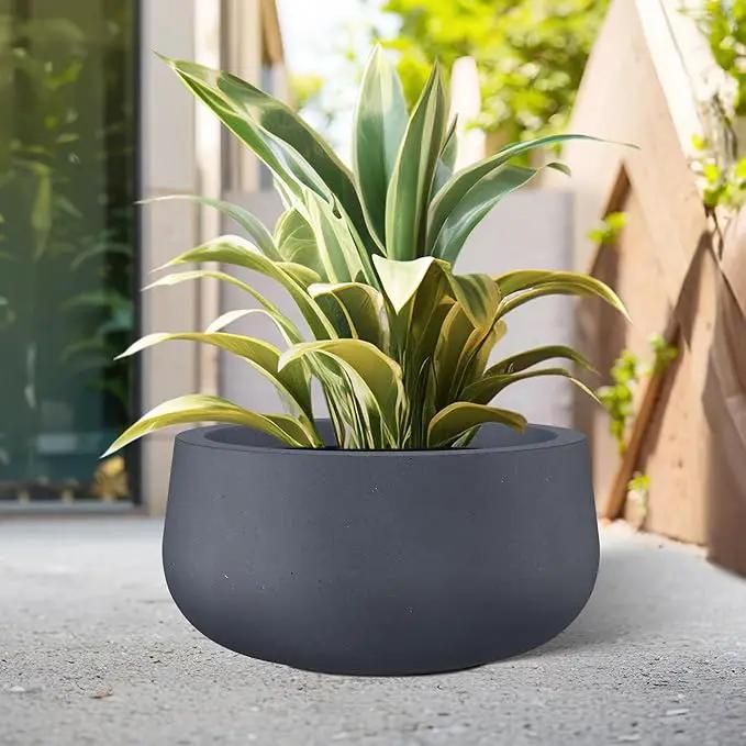Kante 19.6" Dia Round Concrete Planter, Cement Plant Pots with Drainage Hole and Rubber Plug for Outdoor Indoor Garden Home, Modern Curvaceous Design, Dark Gray by GreenHaven Gardens