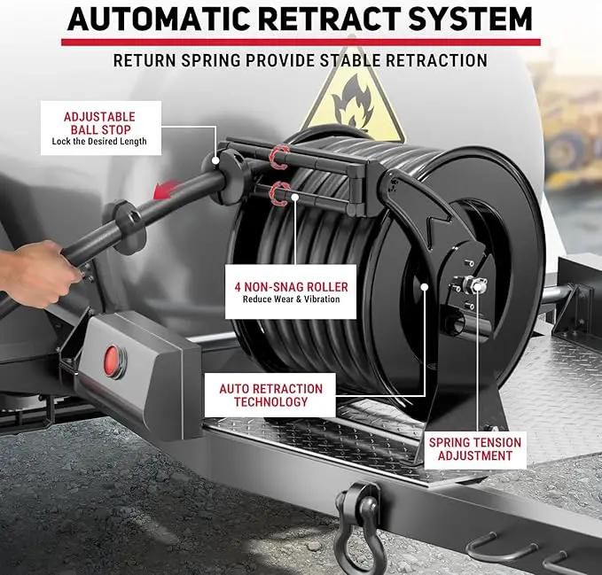 Retractable Fuel Hose Reel with Refueling Nozzle 1" x 50ft Spring Driven Diesel Hose Reel 300 PSI Industrial Auto Swivel Heavy Duty Steel Construction Reel for Ship Vehicle Tank Truck, Black by GreenHaven Gardens