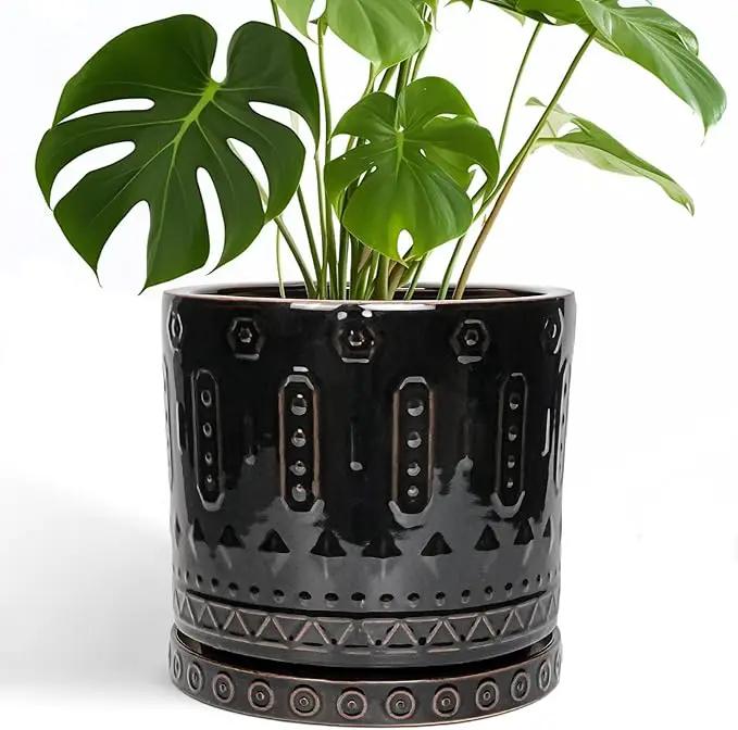 Ceramic Planter for Indoor Plants - 10 Inch Plant Pots with Drainage Hole and Saucer, Round Decorative Flower Pots Outdoor, Boho Large Planter, Room Decor, House Warming Gifts, Black by GreenHaven Gardens