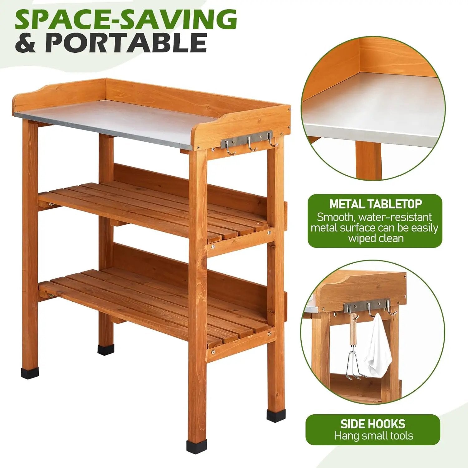 Outdoor Potting Bench Garden Work Station, Solid Wood Planting Table w/Sink Drawer Shelves,Metal Top, Folding Patio Furniture for Porch Balcony (29.1 x 14.2 x 35.6(Orange Yellow)) by GreenHaven Gardens