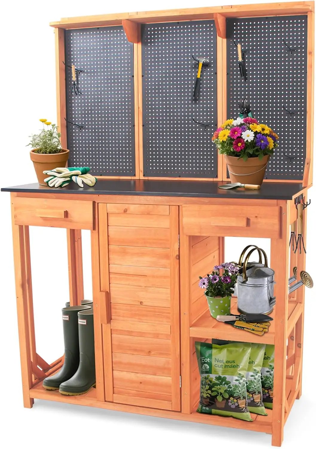 Outdoor Potting Bench,Wooden Potting Table with Metal Tabletop,Garden Work Bench with Drawer and Free Matching Storage Cabinet Shelf/Hooks for Backyard,Patio,Greenhouse (Black, 40 * 59 * 20in) by GreenHaven Gardens