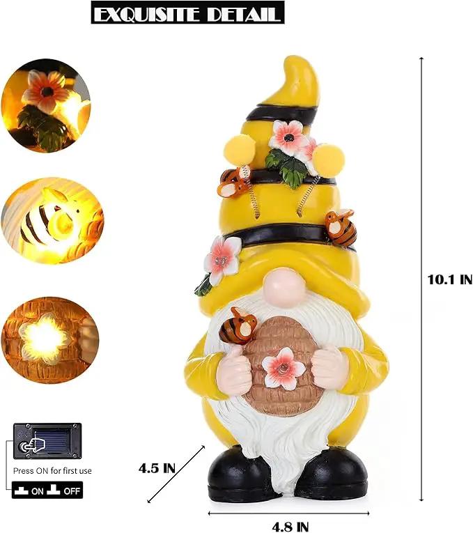 Garden Figurines Gnome Statue Decorations - Solar Resin Spring Bee Gnome Figurine Solar Garden Lights Outdoor Decorations Waterproof for Patio,Yard,Lawn, by GreenHaven Gardens