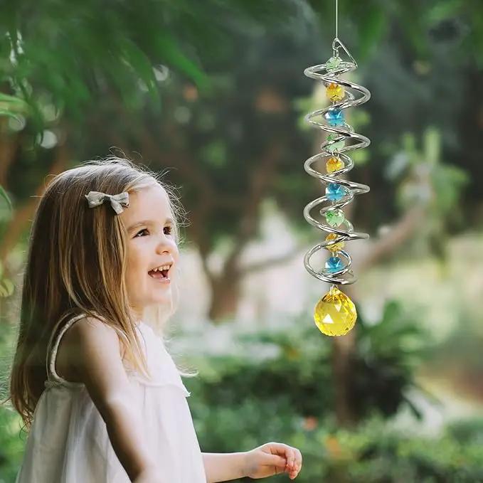 FONMY Gazing Ball Spiral Tail -Decorative Wind Spinner Sun Catcher Rainbow Maker Double-Spiral W/Golden Crystal Ball and Chain Crystals for Indoor Outdoor Garden Decoration -14 inch Height by GreenHaven Gardens