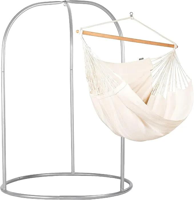 LA SIESTA - XL King Habana Cotton Hammock & Romano Steel Stand - Indoor Outdoor Hanging Chair Swing for Bedroom Porch Balcony - Boho Hanging Chair - Latte by GreenHaven Gardens