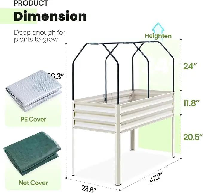 KING BIRD Raised Garden Bed with Cover & Netting Galvanized Elevated Large Planter Box with Legs 48×24×56 in for Backyard, Patio, Balcony, 400lb Capacity, Beige by GreenHaven Gardens