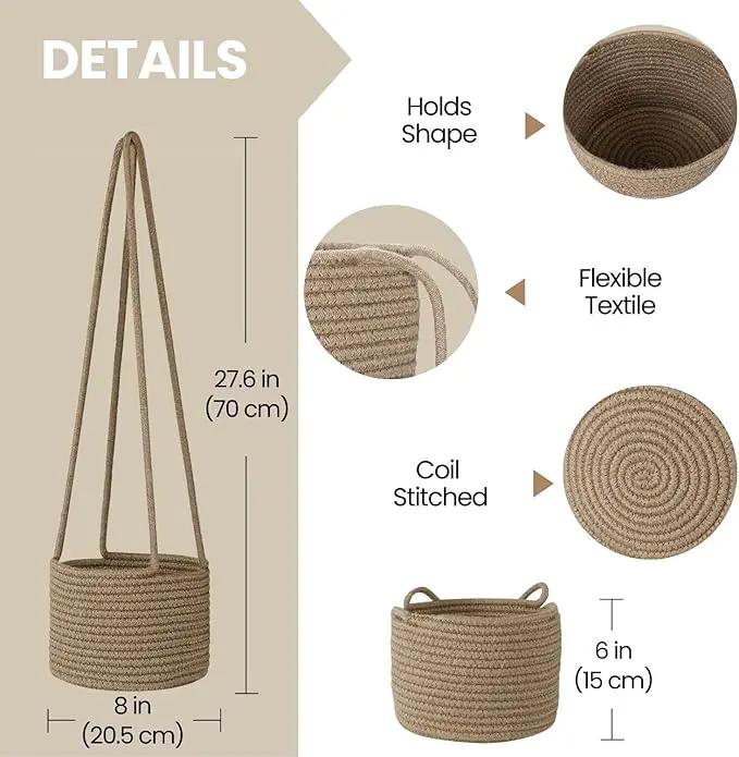Flexzion Hanging Plant Basket, Boho Cotton Rope Basket Indoor Hanging Planter, Up to 7" Flower Pot, Macrame Woven Modern Plant Holder, Storage Bin Organizer, Home Decor with 20" Hanging Rope, Brown by GreenHaven Gardens