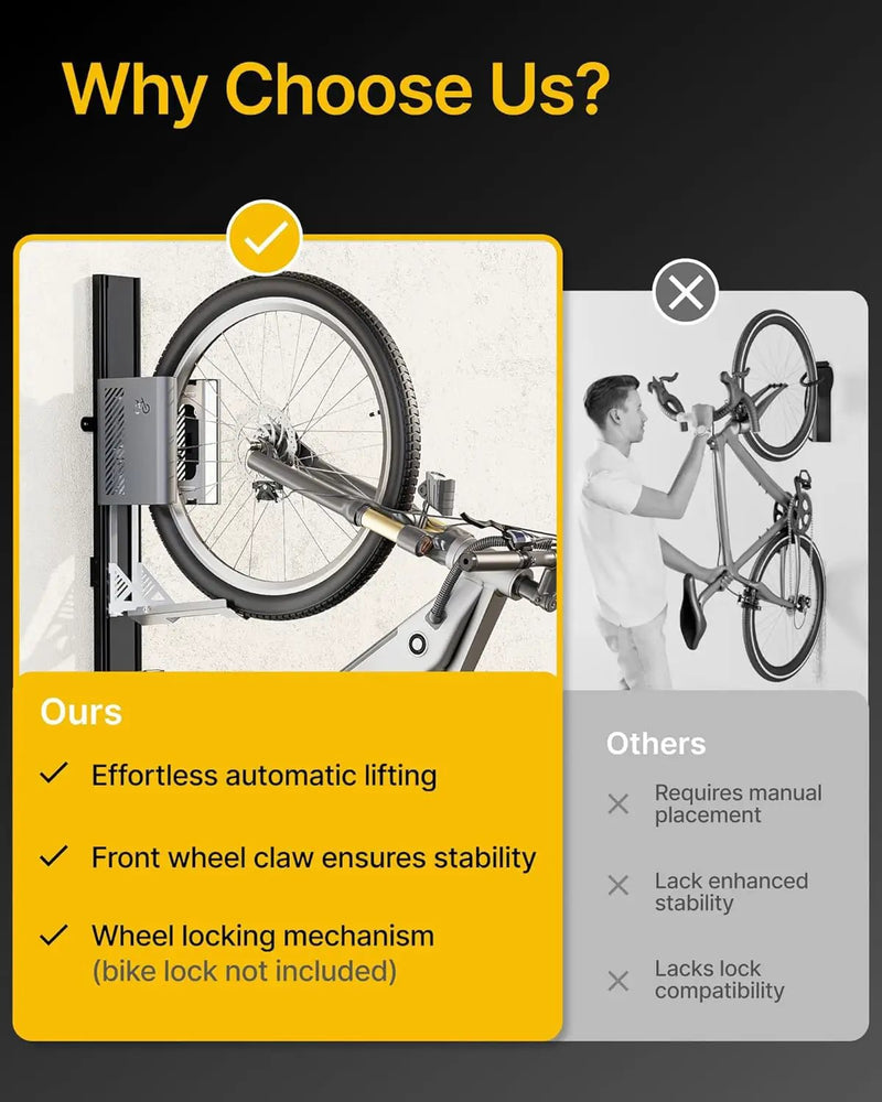 monTEK Automatic Lift EBike Rack – Fits 24-29" Tires, Heavy-Duty Vertical Wall Rack for Bicycles (Up to 71 lbs) - Effortless Lifting, Easy Install - Space-Saving Storage for Garage, Shed, BG by GreenHaven Gardens