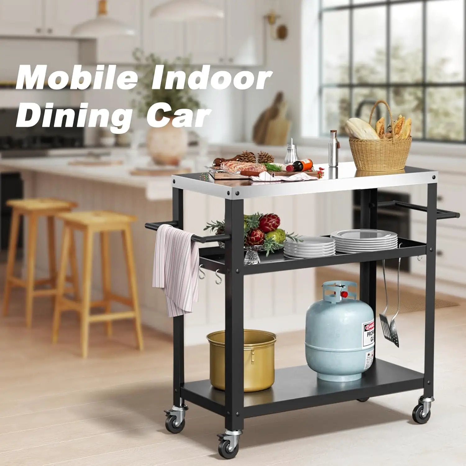 Outdoor Grill Cart with Three-Shelf, Stainless Steel Pizza Oven Table for Outside, Dining Kitchen Cart with Two Side Handle, Garden Patio BBQ Kitchen Food Prep Table Cart (Black) by GreenHaven Gardens