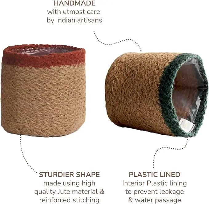 Jute Planter Basket-Woven Jute Rope Covers for Decorating Indoor/Outdoor Succulents, Small Plant Pots-Set of 2-Multi-Purpose Storage Bins 4.5 in - Modern Style Décor - Red, Green & Natural by GreenHaven Gardens
