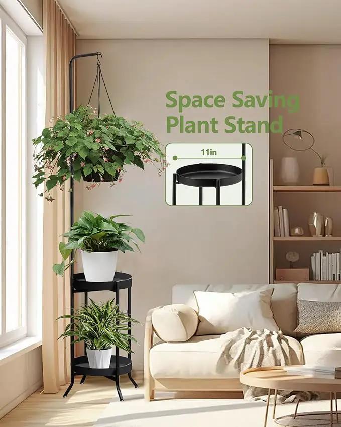 2Pcs Hanging Plant Stand Indoor Outdoor, Space-Saving Corner Metal Plant Shelf 3 Potted Flower Pot Stand, 2 Tier 61" Tall Modern Planter Holder for Patio Garden Balcony Living Room Bedroom by GreenHaven Gardens