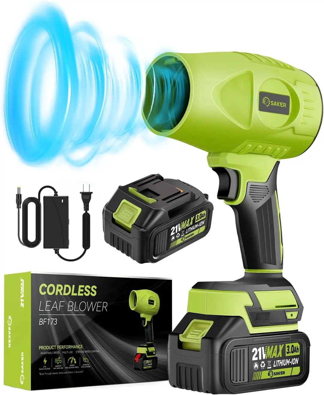 Saker Cordless Leaf Blower Portable Dust Cleaner Handheld Blowers 2 x 4.0Ah Batteries 180000 RPM Air Duster with Adjustable Speed for Drying Patio Cleaning Green by GreenHaven Gardens