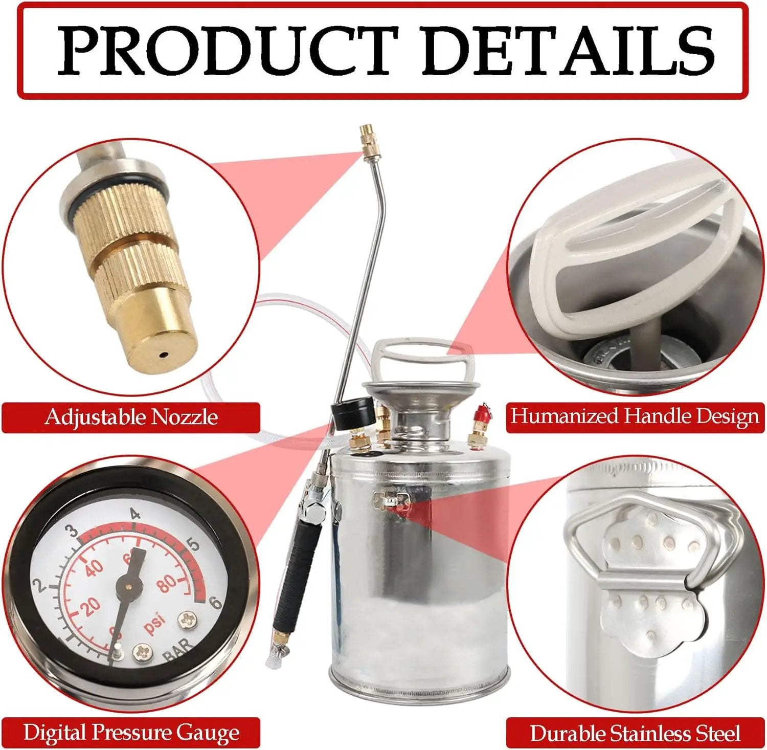 Hand Pump Sprayer Stainless Steel Sprayer for Indoor and Outdoor 1.5 Gallon Sprayer 16 in Wand 3.3 FT Hose by GreenHaven Gardens