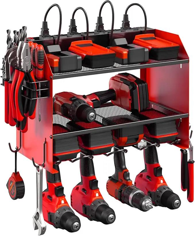 CCCEI Modular Power Tool Organizer Wall Mount with Charging Station. Garage 4 Drill Storage Shelf with Hooks, Screwdriver, Drill Bit Heavy Duty Rack, Tool Battery Holder Built in 8 Outlet Power Strip. by GreenHaven Gardens