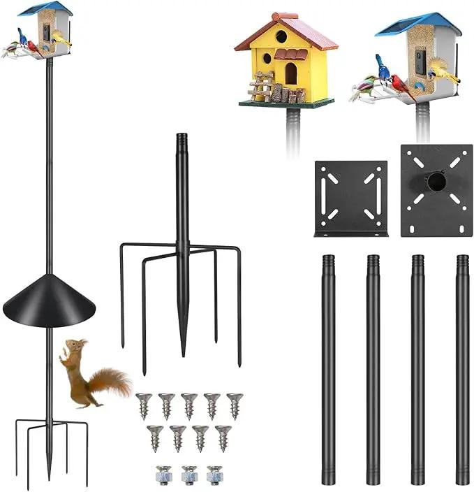 Smart Bird Feeder Pole Stand 79In,Adjustable Height Metal Bird House Pole for Outdoor Garden with Multiple Mounting Options (Black, Round Squirrel Baffle - High 79in) by GreenHaven Gardens