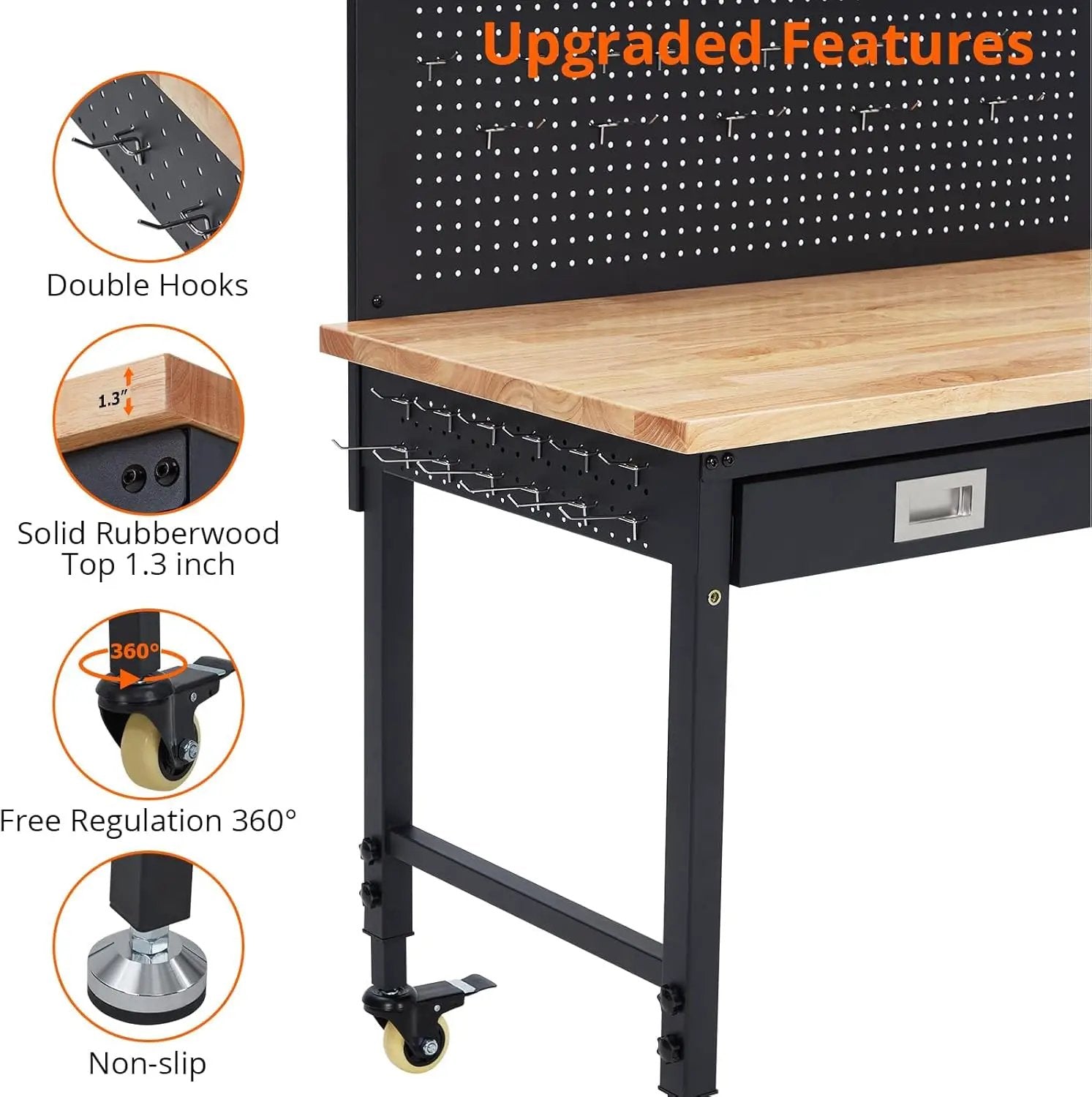 48x24 Inch Heavy-Duty Adjustable Workbench with Rubber Wood Top – 2000LB Capacity Mobile Garage Workstation with Drawer&Backplate, Ideal for Workshop, DIY & Tool Storage by GreenHaven Gardens