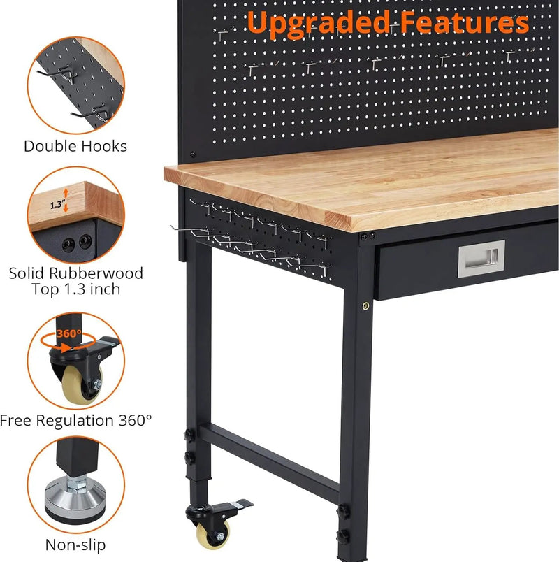 48x24 Inch Heavy-Duty Adjustable Workbench with Rubber Wood Top – 2000LB Capacity Mobile Garage Workstation with Drawer&Backplate, Ideal for Workshop, DIY & Tool Storage by GreenHaven Gardens